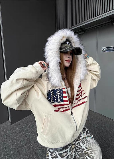 【TR BRUSHSHIFT】Front national flag vintage design over fur hoodie jacket  TB0071