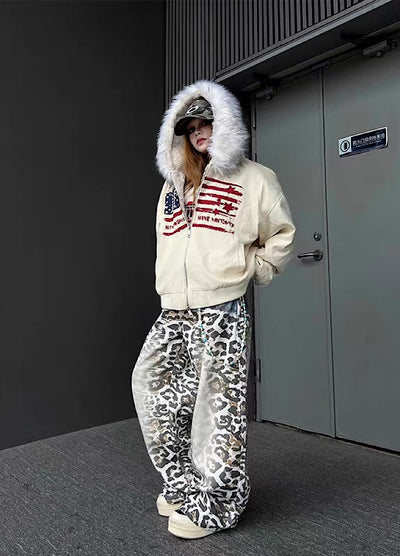 【TR BRUSHSHIFT】Front national flag vintage design over fur hoodie jacket  TB0071