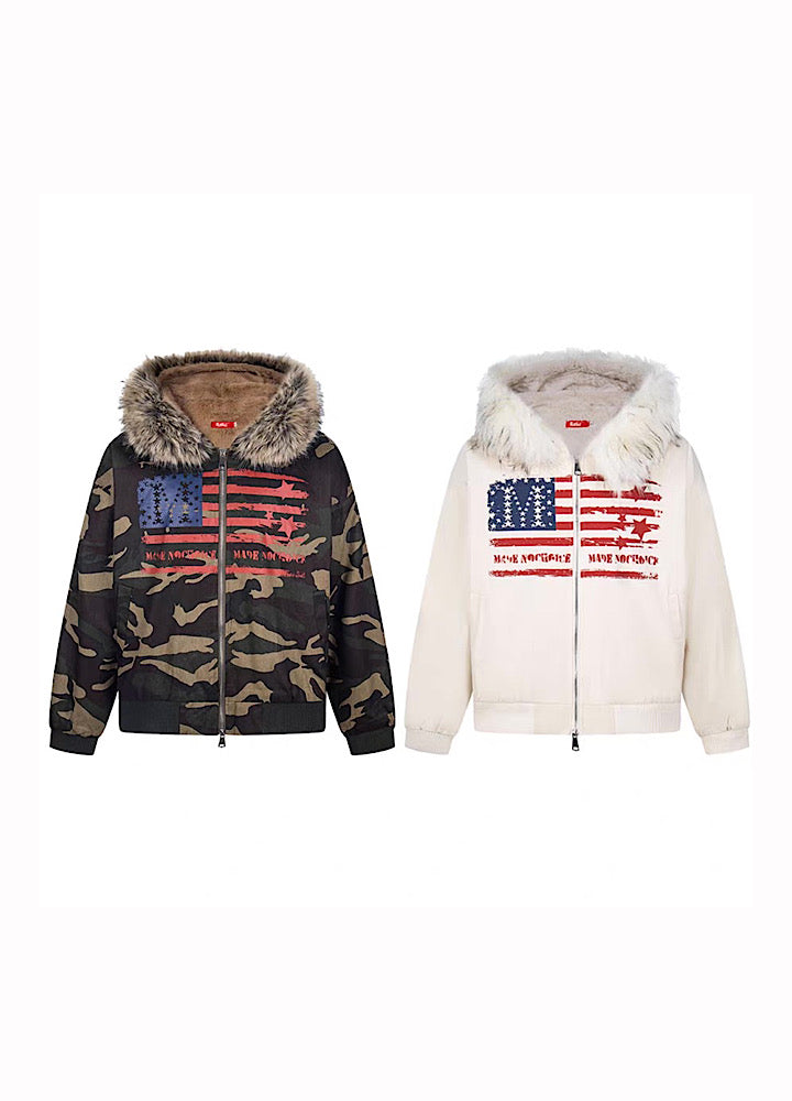 【TR BRUSHSHIFT】Front national flag vintage design over fur hoodie jacket  TB0071