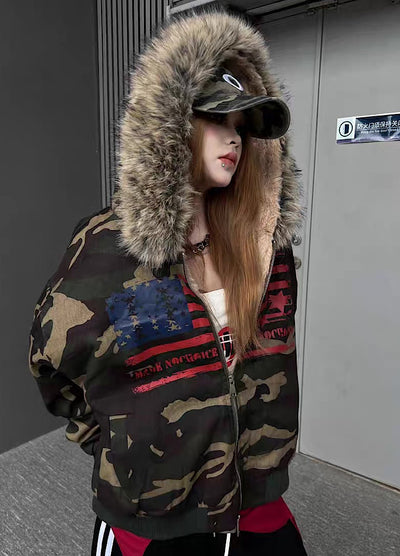 【TR BRUSHSHIFT】Front national flag vintage design over fur hoodie jacket  TB0071