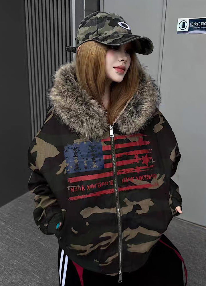 【TR BRUSHSHIFT】Front national flag vintage design over fur hoodie jacket  TB0071
