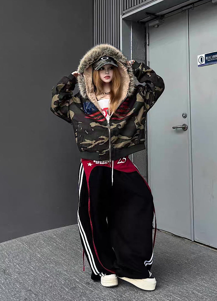 【TR BRUSHSHIFT】Front national flag vintage design over fur hoodie jacket  TB0071