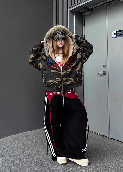 【TR BRUSHSHIFT】Front national flag vintage design over fur hoodie jacket  TB0071