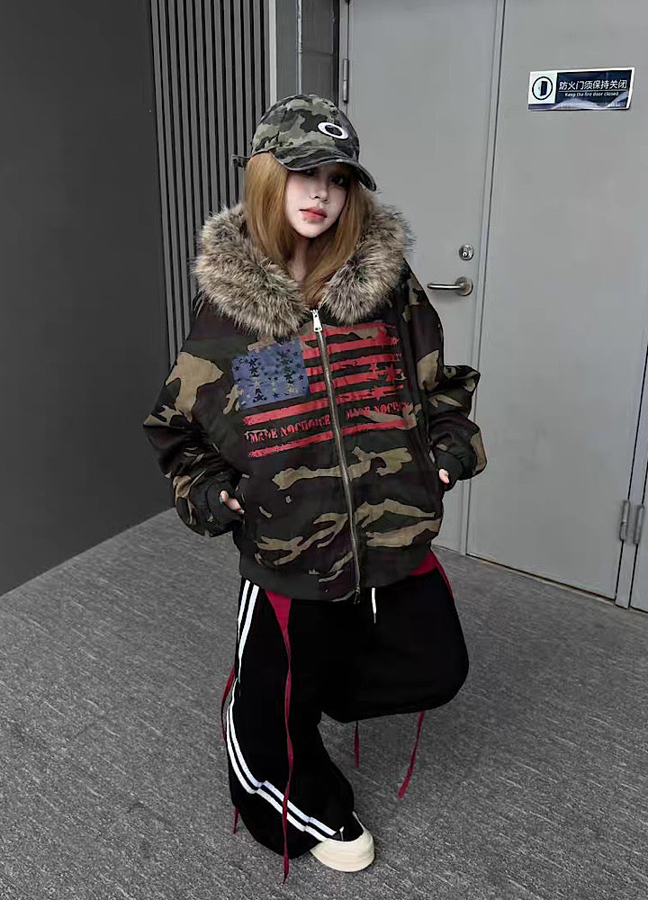 【TR BRUSHSHIFT】Front national flag vintage design over fur hoodie jacket  TB0071