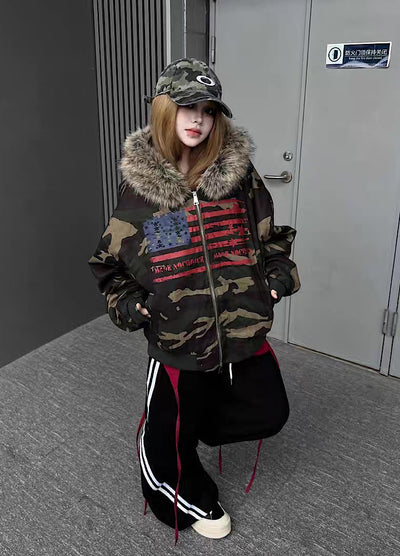 【TR BRUSHSHIFT】Front national flag vintage design over fur hoodie jacket  TB0071