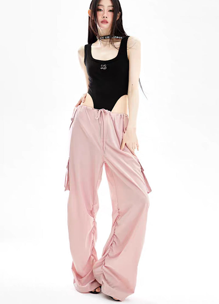 【398temp】Side puddle line loose picture wide cargo rise pants  TM0006