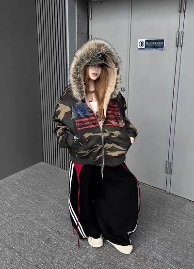 【TR BRUSHSHIFT】Front national flag vintage design over fur hoodie jacket  TB0071