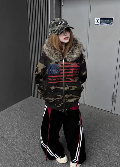 【TR BRUSHSHIFT】Front national flag vintage design over fur hoodie jacket  TB0071