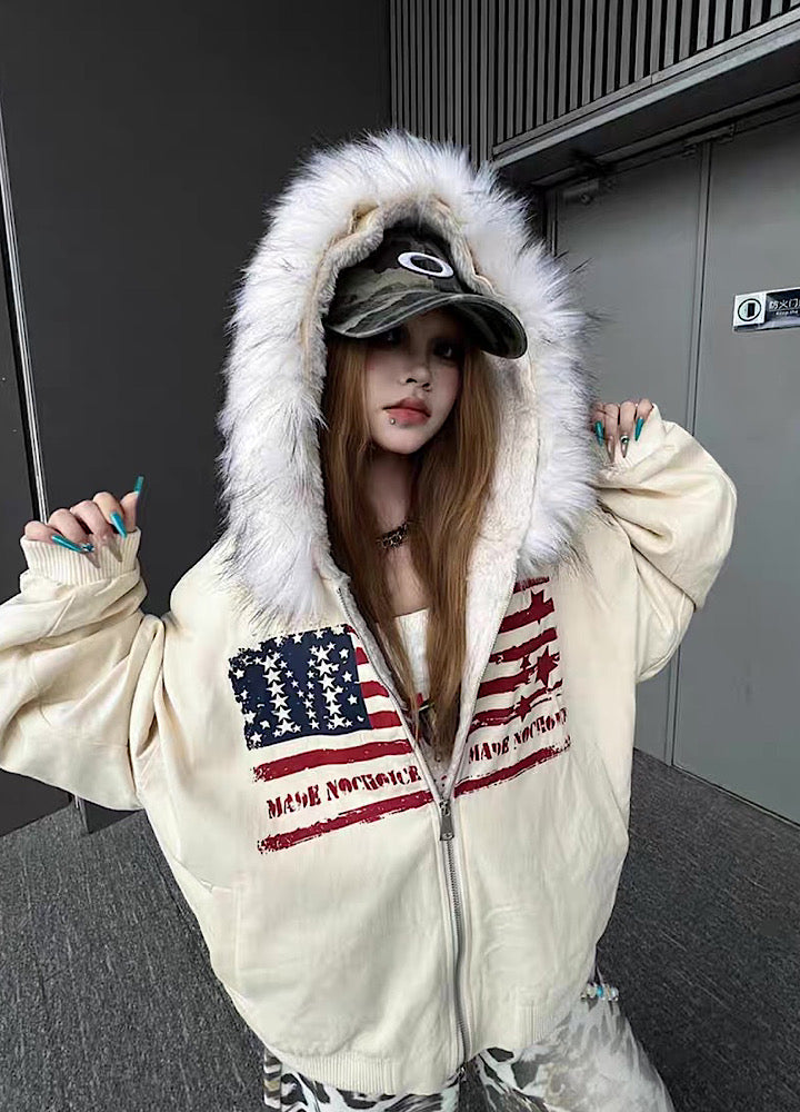 【TR BRUSHSHIFT】Front national flag vintage design over fur hoodie jacket  TB0071