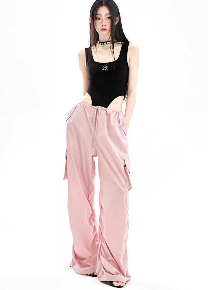 【398temp】Side puddle line loose picture wide cargo rise pants  TM0006
