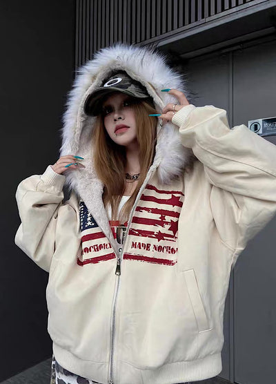 【TR BRUSHSHIFT】Front national flag vintage design over fur hoodie jacket  TB0071