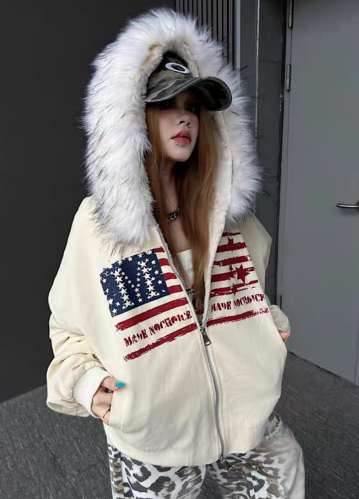 【TR BRUSHSHIFT】Front national flag vintage design over fur hoodie jacket  TB0071