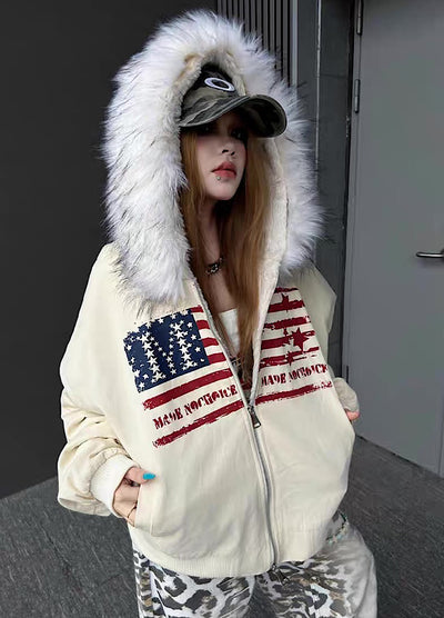 【TR BRUSHSHIFT】Front national flag vintage design over fur hoodie jacket  TB0071