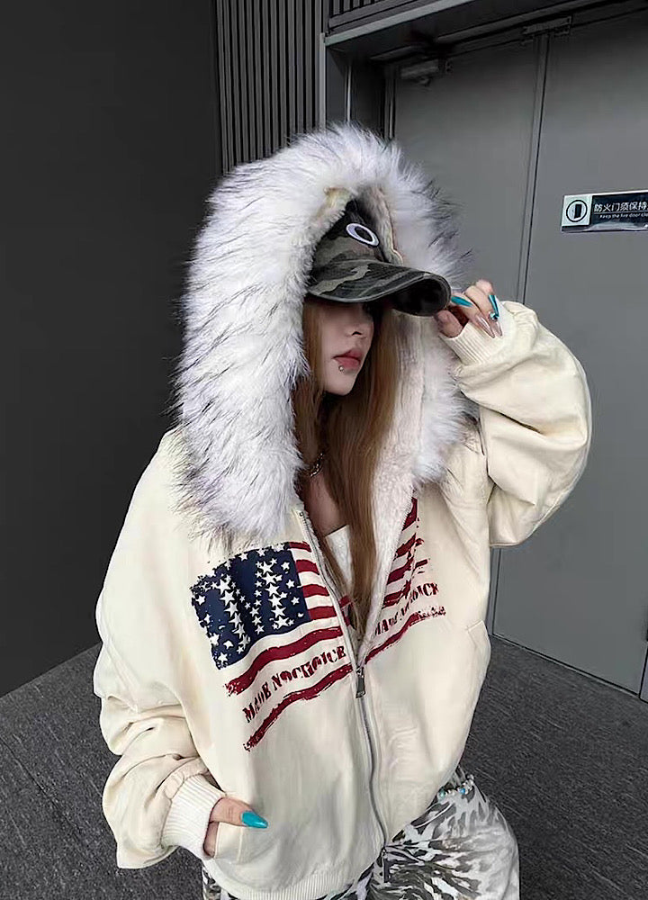【TR BRUSHSHIFT】Front national flag vintage design over fur hoodie jacket  TB0071