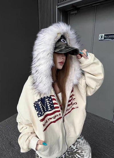 【TR BRUSHSHIFT】Front national flag vintage design over fur hoodie jacket  TB0071
