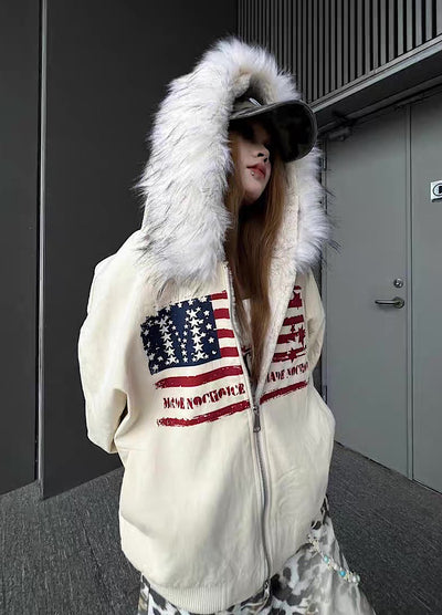 【TR BRUSHSHIFT】Front national flag vintage design over fur hoodie jacket  TB0071