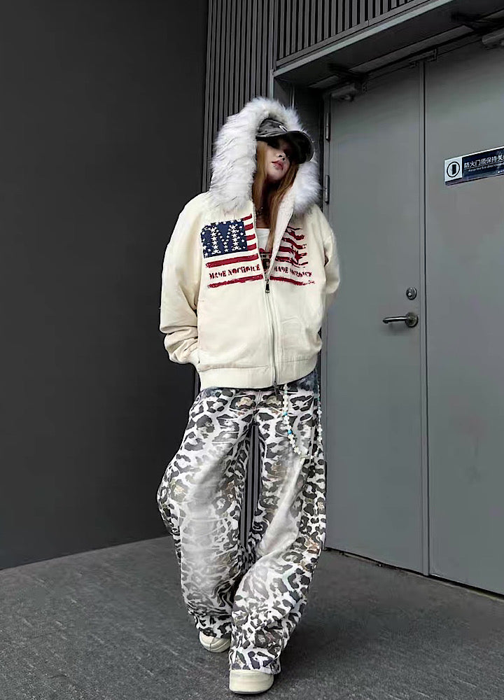 【TR BRUSHSHIFT】Front national flag vintage design over fur hoodie jacket  TB0071