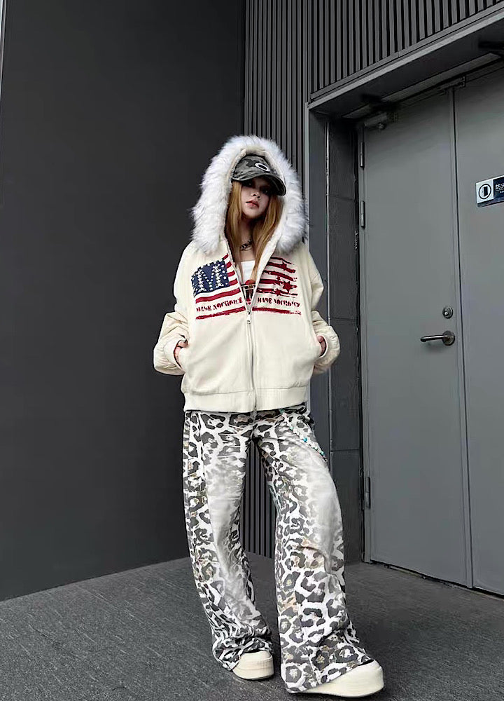 【TR BRUSHSHIFT】Front national flag vintage design over fur hoodie jacket  TB0071