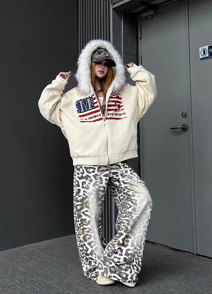 【TR BRUSHSHIFT】Front national flag vintage design over fur hoodie jacket  TB0071