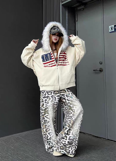 【TR BRUSHSHIFT】Front national flag vintage design over fur hoodie jacket  TB0071