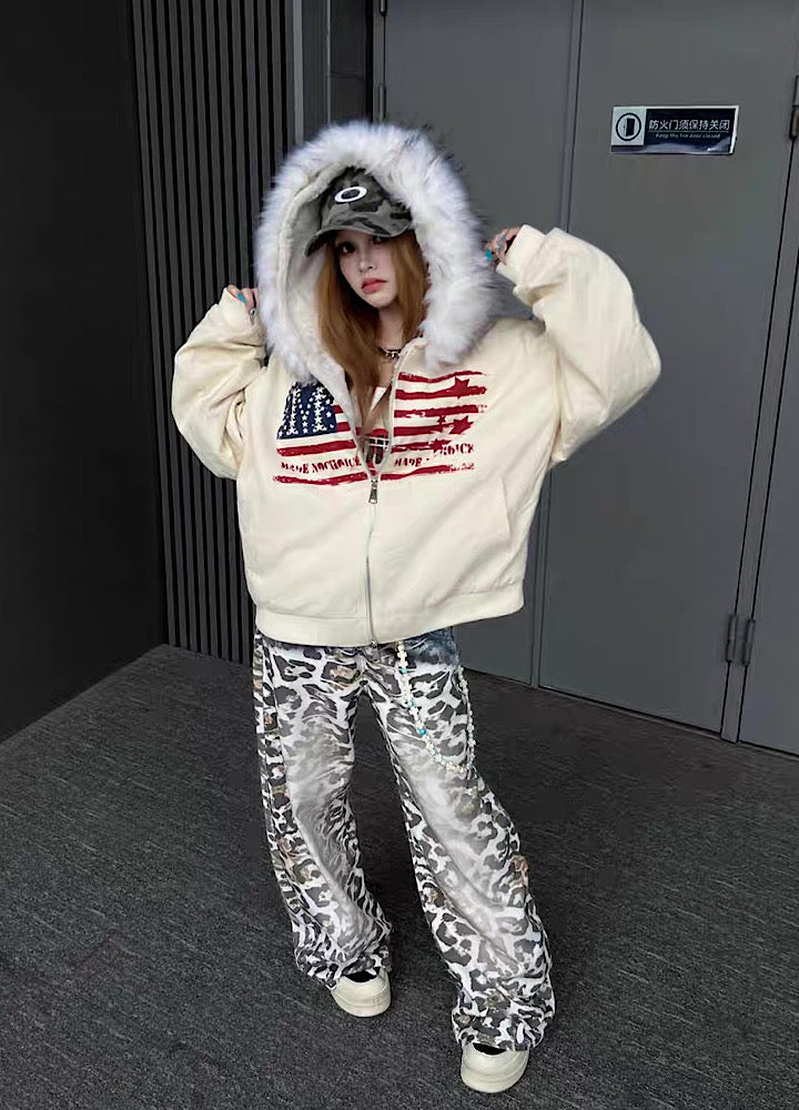 【TR BRUSHSHIFT】Front national flag vintage design over fur hoodie jacket  TB0071