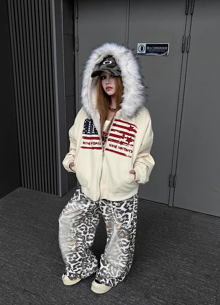 【TR BRUSHSHIFT】Front national flag vintage design over fur hoodie jacket  TB0071
