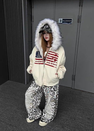 【TR BRUSHSHIFT】Front national flag vintage design over fur hoodie jacket  TB0071