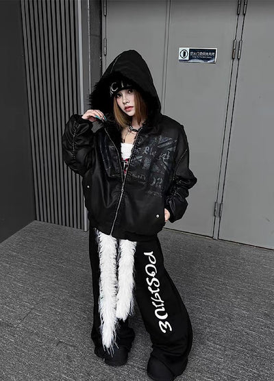 【TR BRUSHSHIFT】Glossy front design sleeve stock black color fur hoodie jacket  TB0072