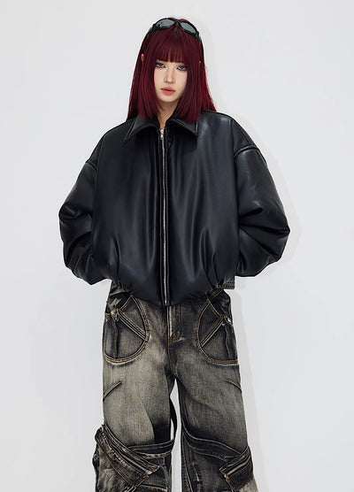 [People Style] Glossy graphic material movement leather jacket PS0025