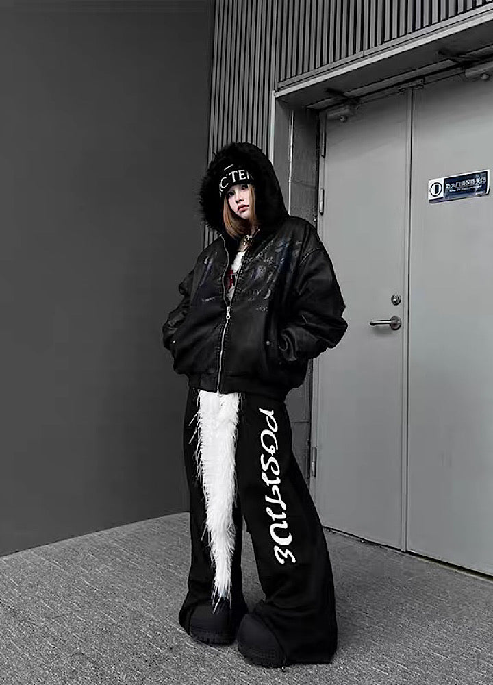 【TR BRUSHSHIFT】Glossy front design sleeve stock black color fur hoodie jacket  TB0072