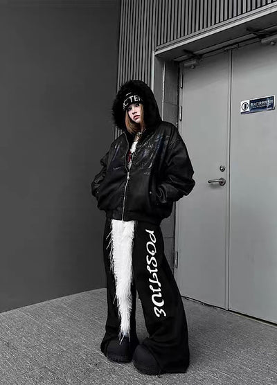 【TR BRUSHSHIFT】Glossy front design sleeve stock black color fur hoodie jacket  TB0072
