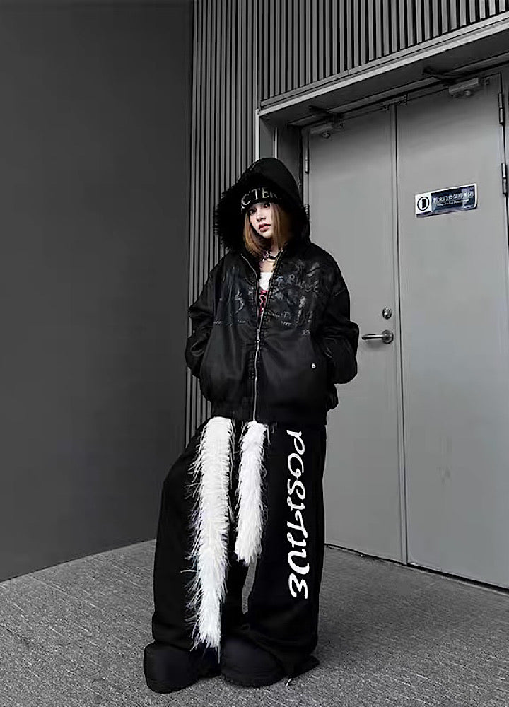 【TR BRUSHSHIFT】Glossy front design sleeve stock black color fur hoodie jacket  TB0072