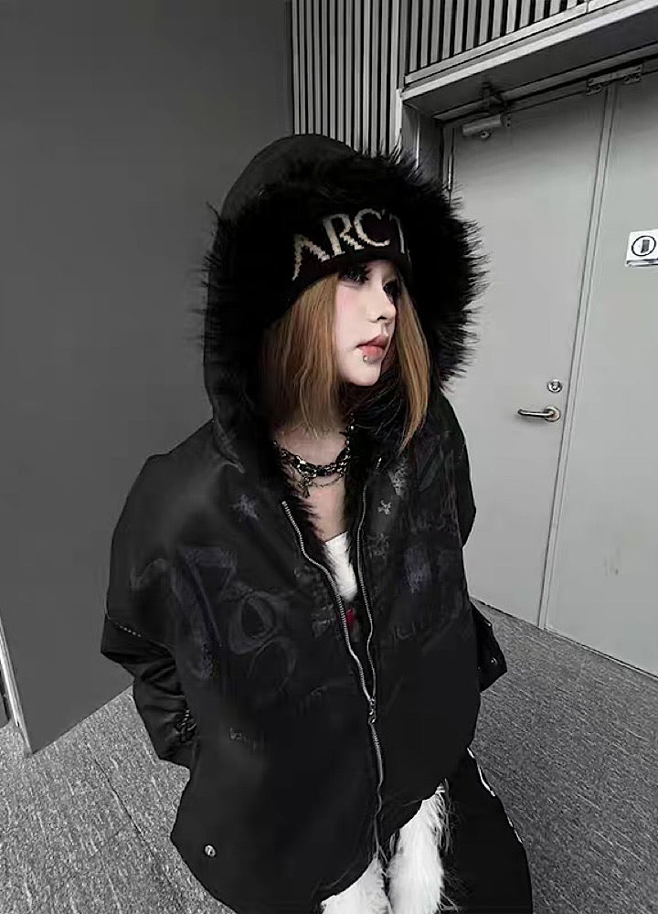 【TR BRUSHSHIFT】Glossy front design sleeve stock black color fur hoodie jacket  TB0072