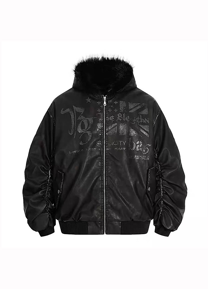 【TR BRUSHSHIFT】Glossy front design sleeve stock black color fur hoodie jacket  TB0072