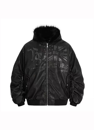 【TR BRUSHSHIFT】Glossy front design sleeve stock black color fur hoodie jacket  TB0072