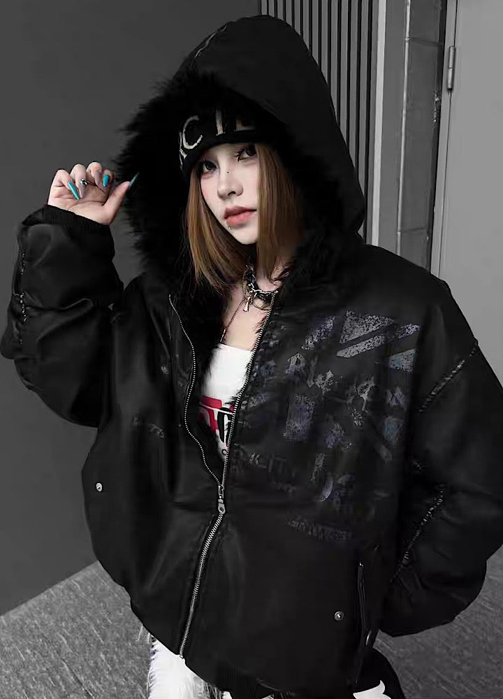 【TR BRUSHSHIFT】Glossy front design sleeve stock black color fur hoodie jacket  TB0072