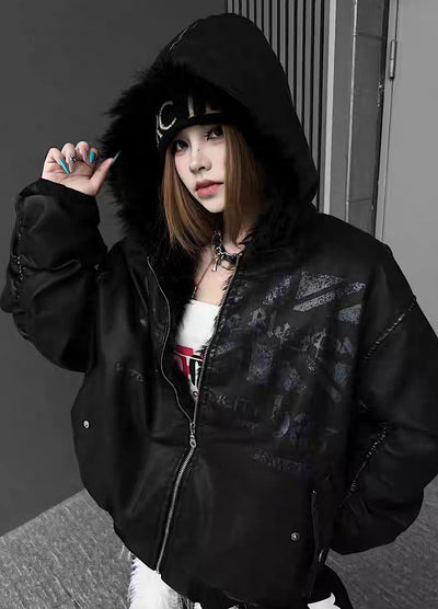 【TR BRUSHSHIFT】Glossy front design sleeve stock black color fur hoodie jacket  TB0072