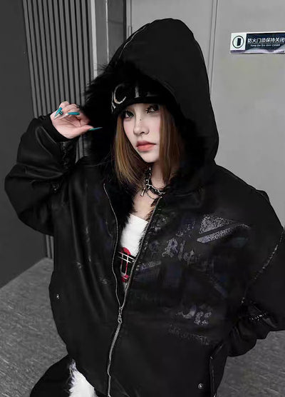 【TR BRUSHSHIFT】Glossy front design sleeve stock black color fur hoodie jacket  TB0072