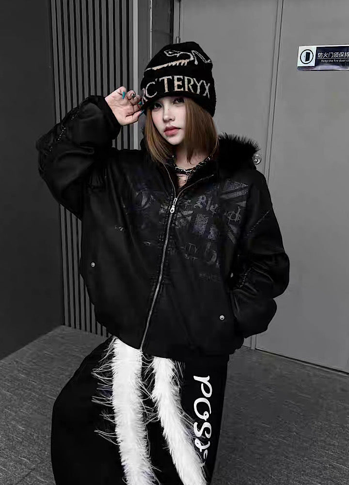 【TR BRUSHSHIFT】Glossy front design sleeve stock black color fur hoodie jacket  TB0072
