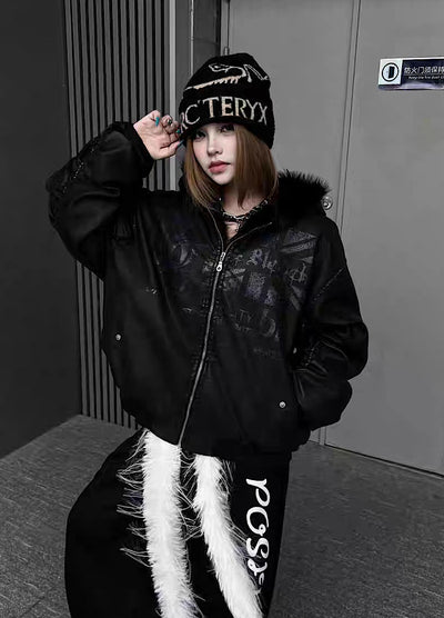 【TR BRUSHSHIFT】Glossy front design sleeve stock black color fur hoodie jacket  TB0072