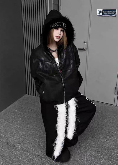 【TR BRUSHSHIFT】Glossy front design sleeve stock black color fur hoodie jacket  TB0072