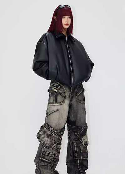 【People Style】Glossy graphic material movement leather jacket  PS0025