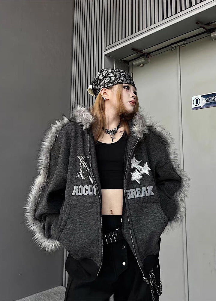 【TR BRUSHSHIFT】Line style design over fur hoodie jacket  TB0073