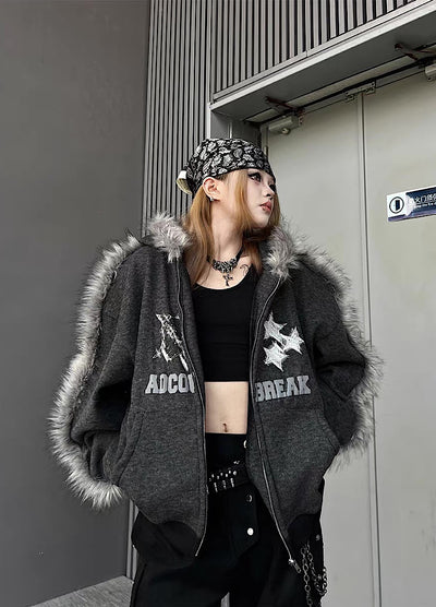 【TR BRUSHSHIFT】Line style design over fur hoodie jacket  TB0073