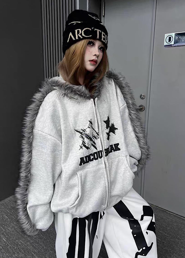 【TR BRUSHSHIFT】Line style design over fur hoodie jacket  TB0073