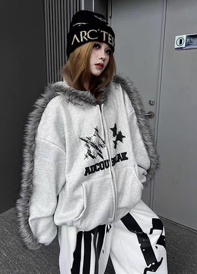 【TR BRUSHSHIFT】Line style design over fur hoodie jacket  TB0073