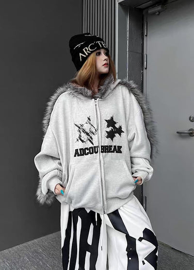 【TR BRUSHSHIFT】Line style design over fur hoodie jacket  TB0073