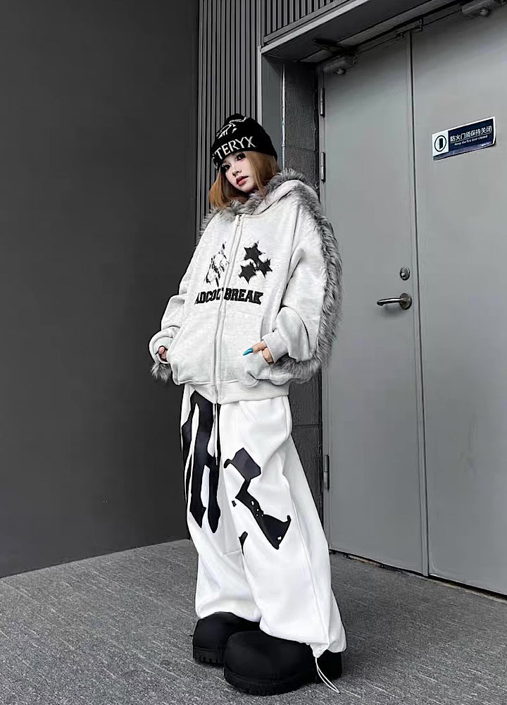 【TR BRUSHSHIFT】Line style design over fur hoodie jacket  TB0073