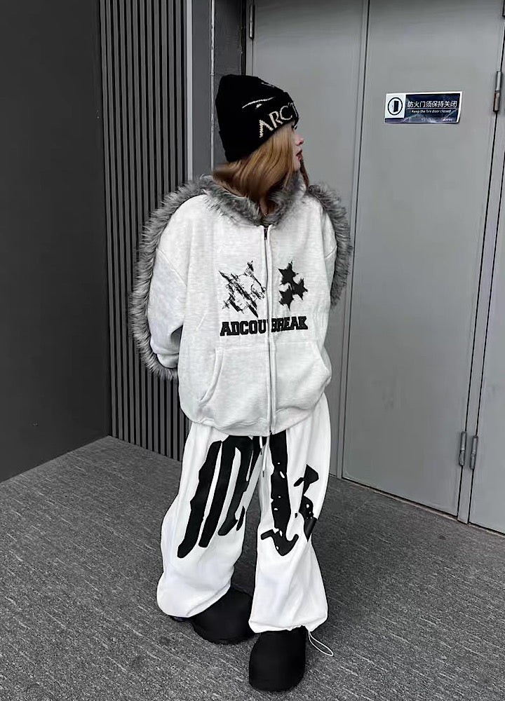 【TR BRUSHSHIFT】Line style design over fur hoodie jacket  TB0073