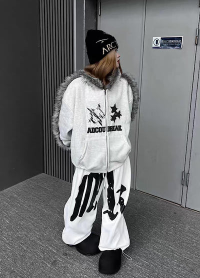 【TR BRUSHSHIFT】Line style design over fur hoodie jacket  TB0073